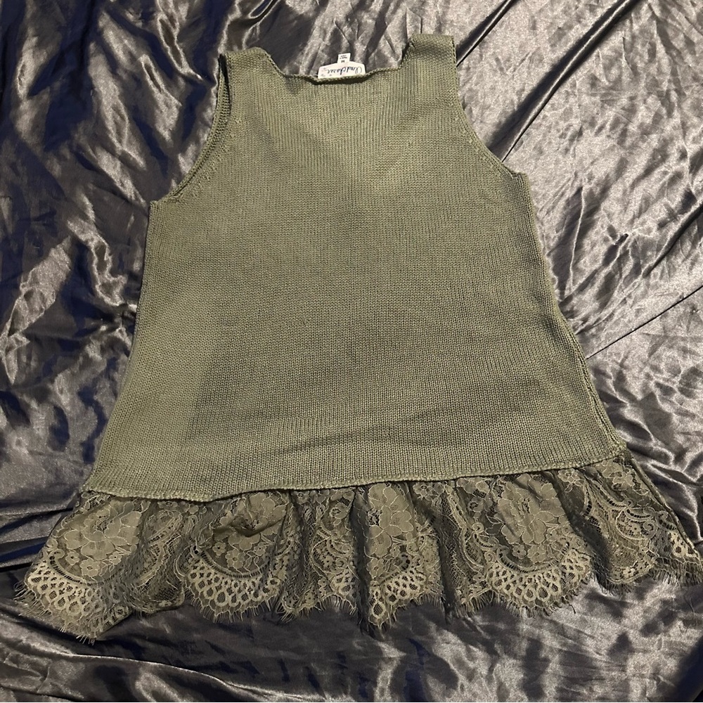 Cloud Chaser Army Green Sleeveless Lace Hem Coquette Cottagecore Sweater Top - Picture 6 of 6